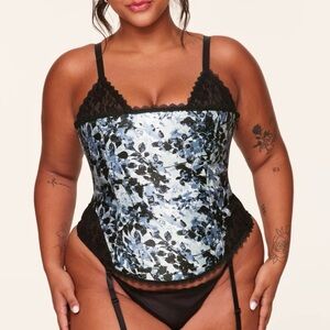 Adore Me Zoie Lace-Up Floral Satin Corset, Watercolour Blue , Size 2X